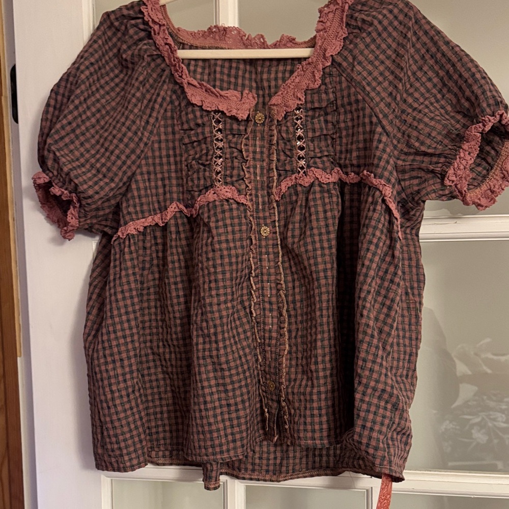 SHEIN Pink and Black Checkered Ruffle Blouse